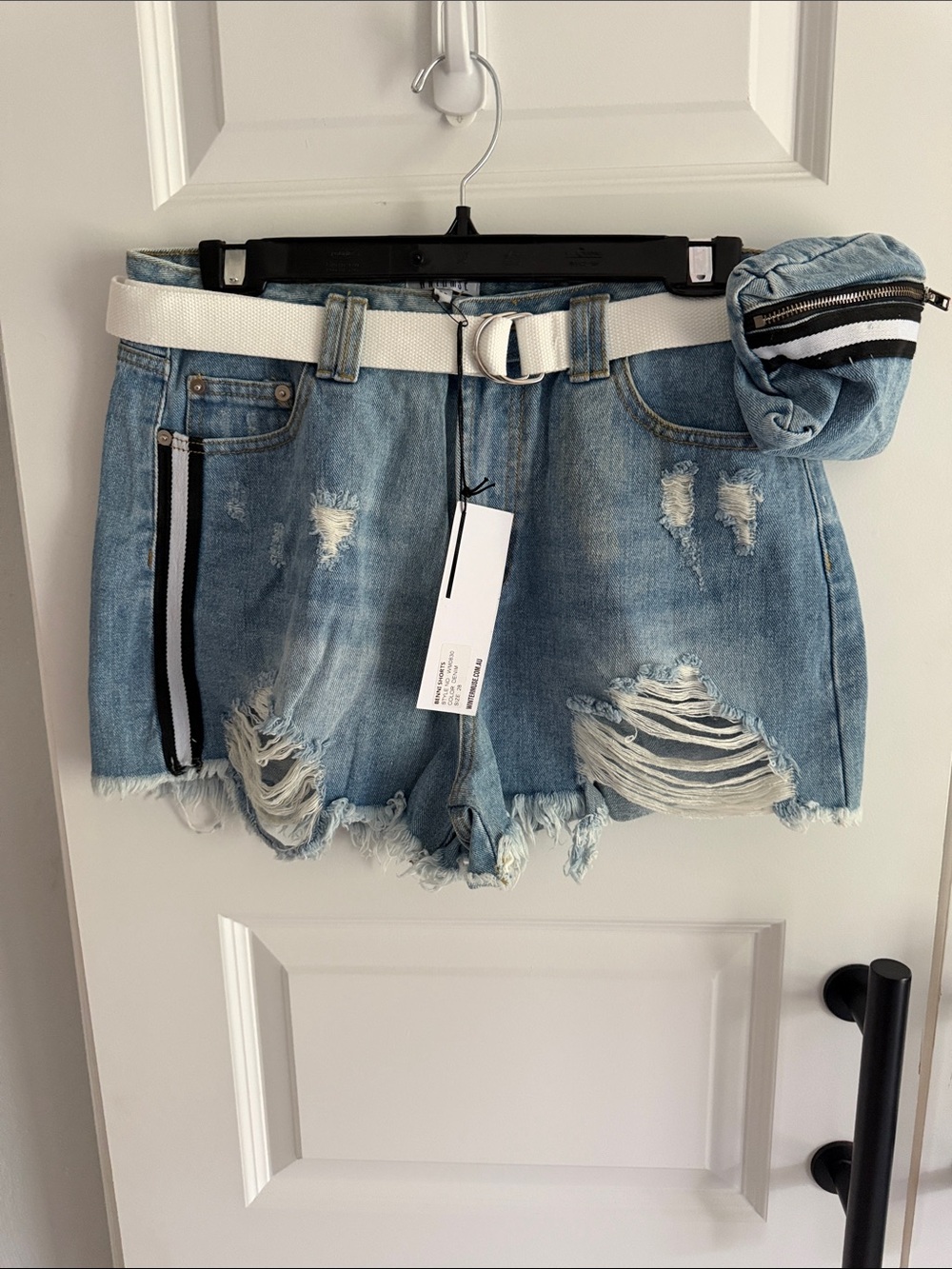 Light Blue Benini Distressed Denim Shorts with White Belt size 28